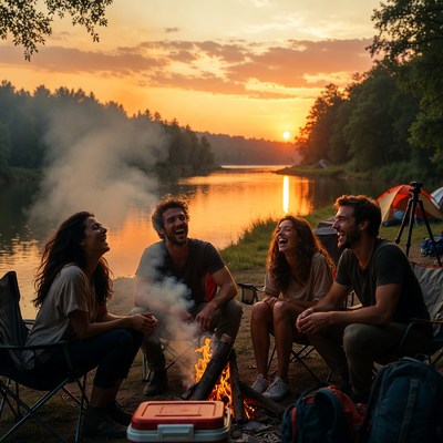 Friends gather around campfire at sunset