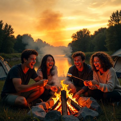 People enjoy campfire at sunset