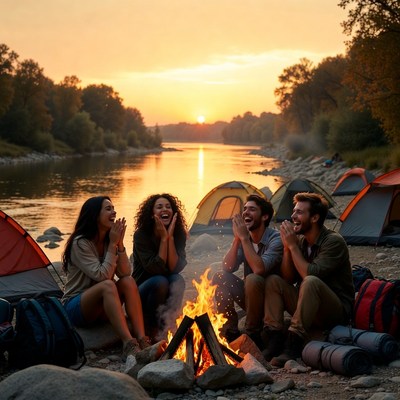 Friends enjoy sunset by the river