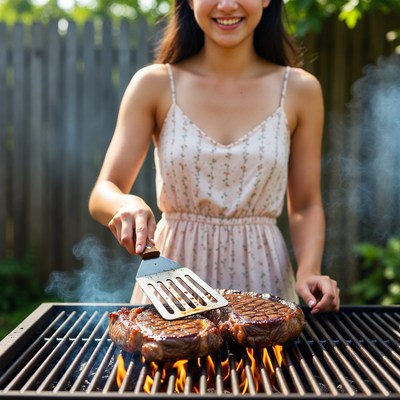 Grilling steak outdoors on a sunny day