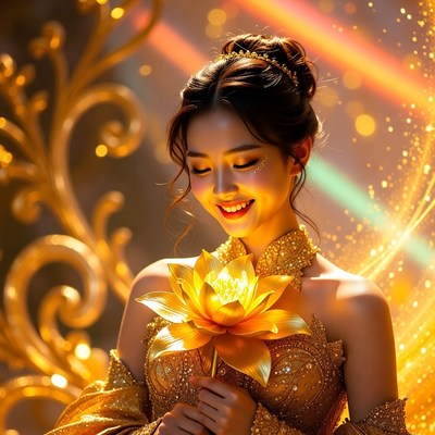 Woman with golden flower in bright light