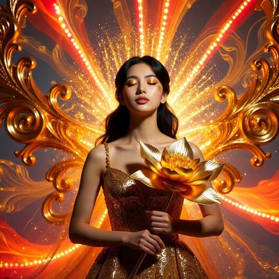 Woman holding golden flower in design