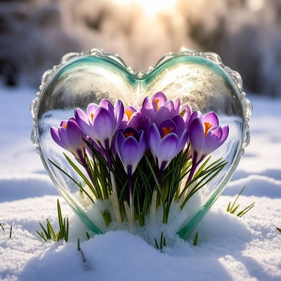 Heart-shaped vase with crocus flowers in snow