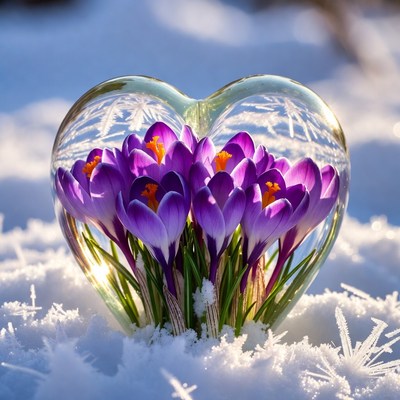 Heart shape with flowers and snow