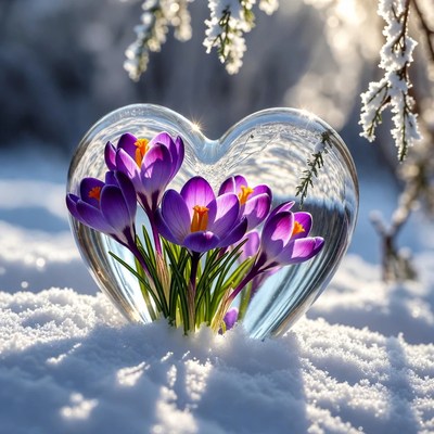 Crocus flowers in heart-shaped glass