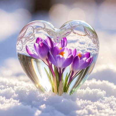 Crocuses in heart shaped glass