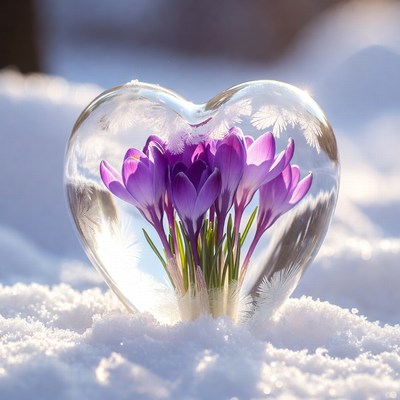 Crocuses in heart-shaped glass