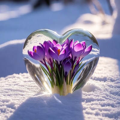 Heart-shaped glass with flowers in snow