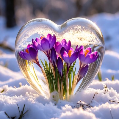 Crocuses bloom in heart-shaped glass