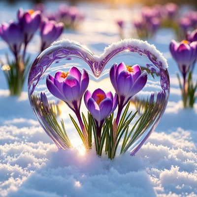 Crocus flowers in snow heart shape