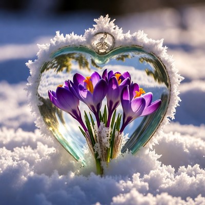 Crocuses in heart-shaped glass on snow