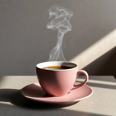 Coffee cup with steam in sunlight