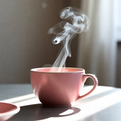 Steam rises from a pink cup