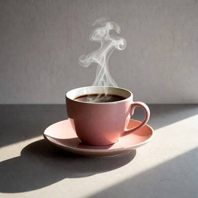Warm coffee in a pink cup on a table