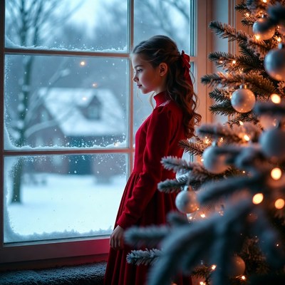 Girl looking out window in winter