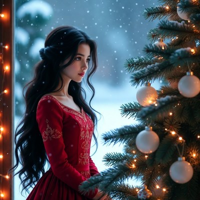 Girl admiring christmas tree in snow