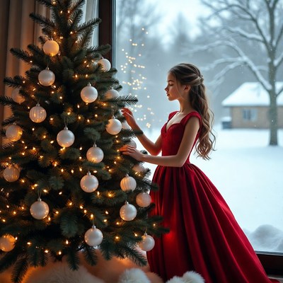 Girl decorates christmas tree inside house