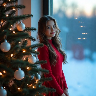 Girl by christmas tree in winter