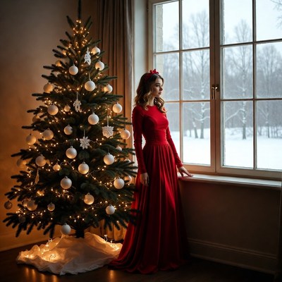 Woman by christmas tree indoors