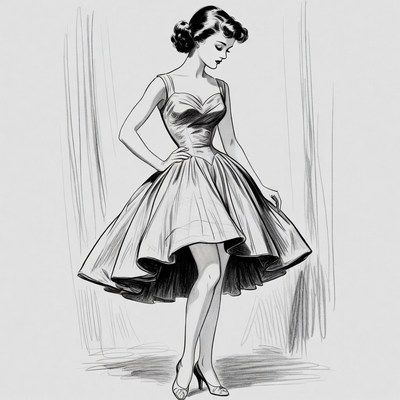 Vintage dress design sketch from the 1950s