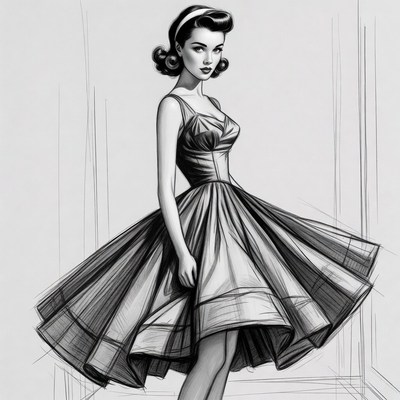 Woman in vintage dress sketch