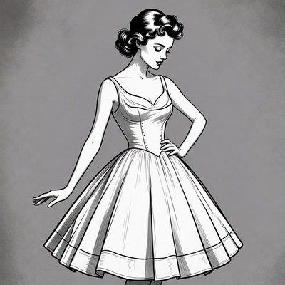 Vintage dress design sketch on gray background
