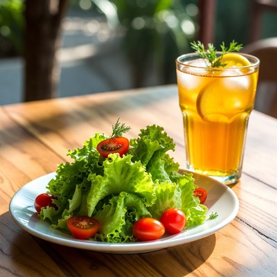Fresh salad and drink on table