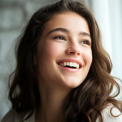 Girl smiling by the window