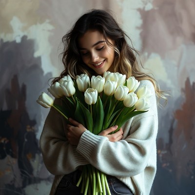 Woman holding white tulips in studio