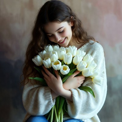 Holding white tulips with joy