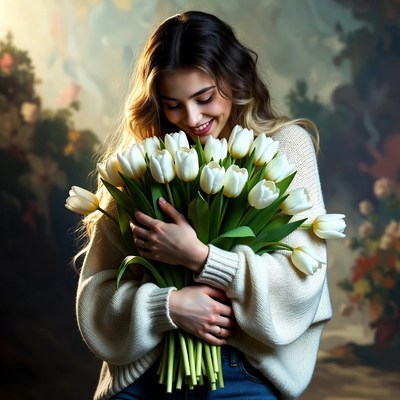 Woman holding white tulips indoors