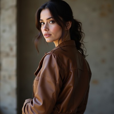 Woman with brown jacket poses indoors