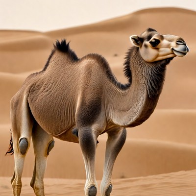 Camel standing in desert landscape