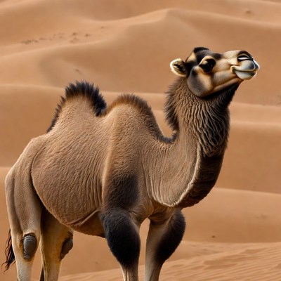 Camel standing in sandy landscape