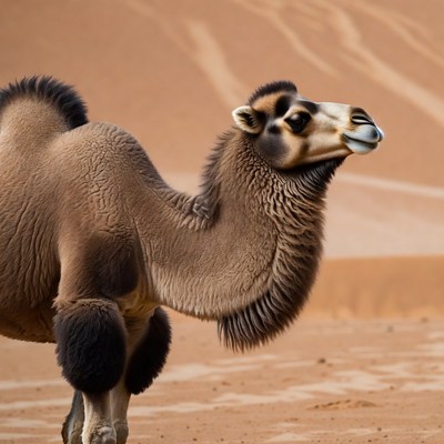 Camel walking in desert landscape