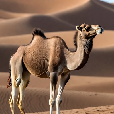 Camel stands in desert landscape during day