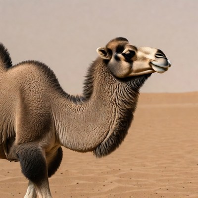 Camel in desert under clear sky