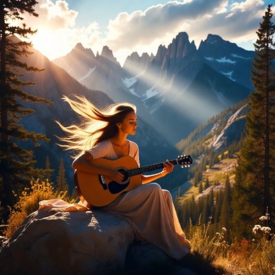 Woman playing guitar in mountains
