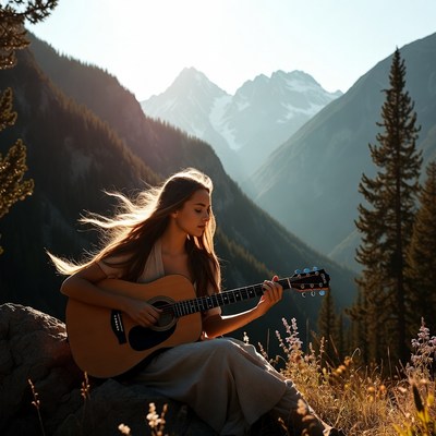Girl playing guitar in mountains