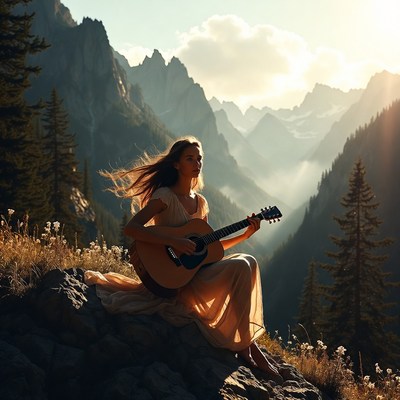 Woman playing guitar in mountain