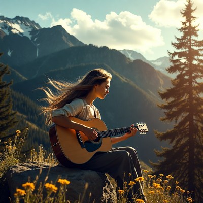 Girl playing guitar in mountains