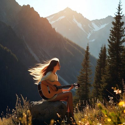 Woman playing guitar in mountains