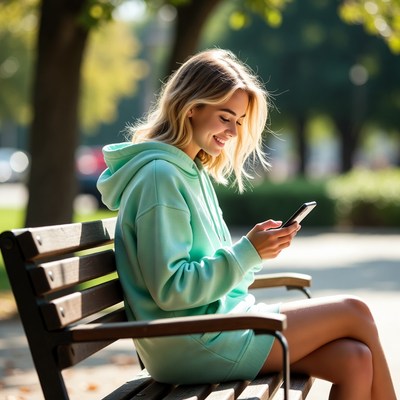 Young woman uses phone in park