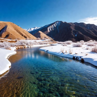Snowy river in winter landscape