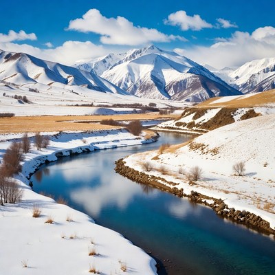 Snowy mountains and river landscape in winter