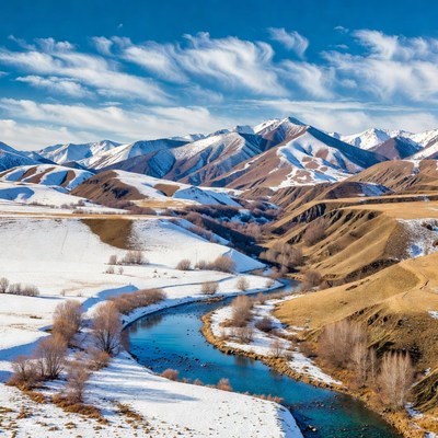 Snowy mountains and river landscape