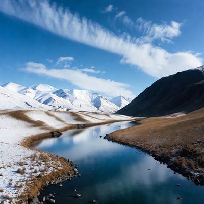 Snowy mountains and river landscape in winter