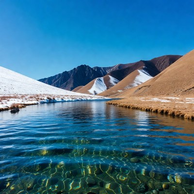 Mountains and river in sunny weather