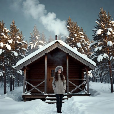 Winter scene by wooden cabin