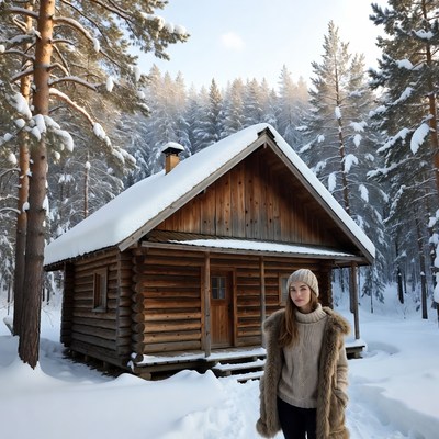 Woman in winter forest cabin